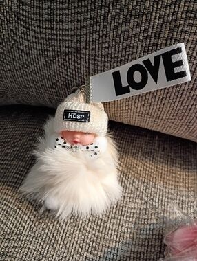 Sleeping Baby Plush Fluffy  Love Keychain, White, approximately 6", NWT